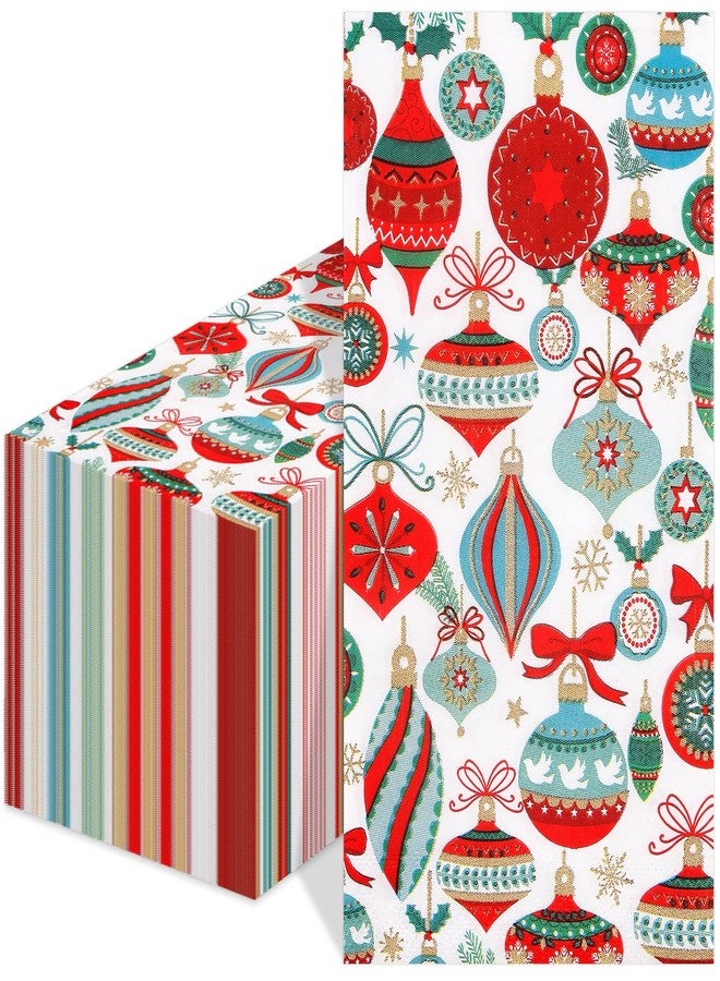 Quera 50 Pack Christmas Paper Napkins Guest Hand Towels Disposable Vintage Lamp Ball Pine Branch Paper Napkins Winter Dinner Hand Napkin for Christmas Winter Holiday Party Supplies, 4.3 x 7.8 Inch - Image 1